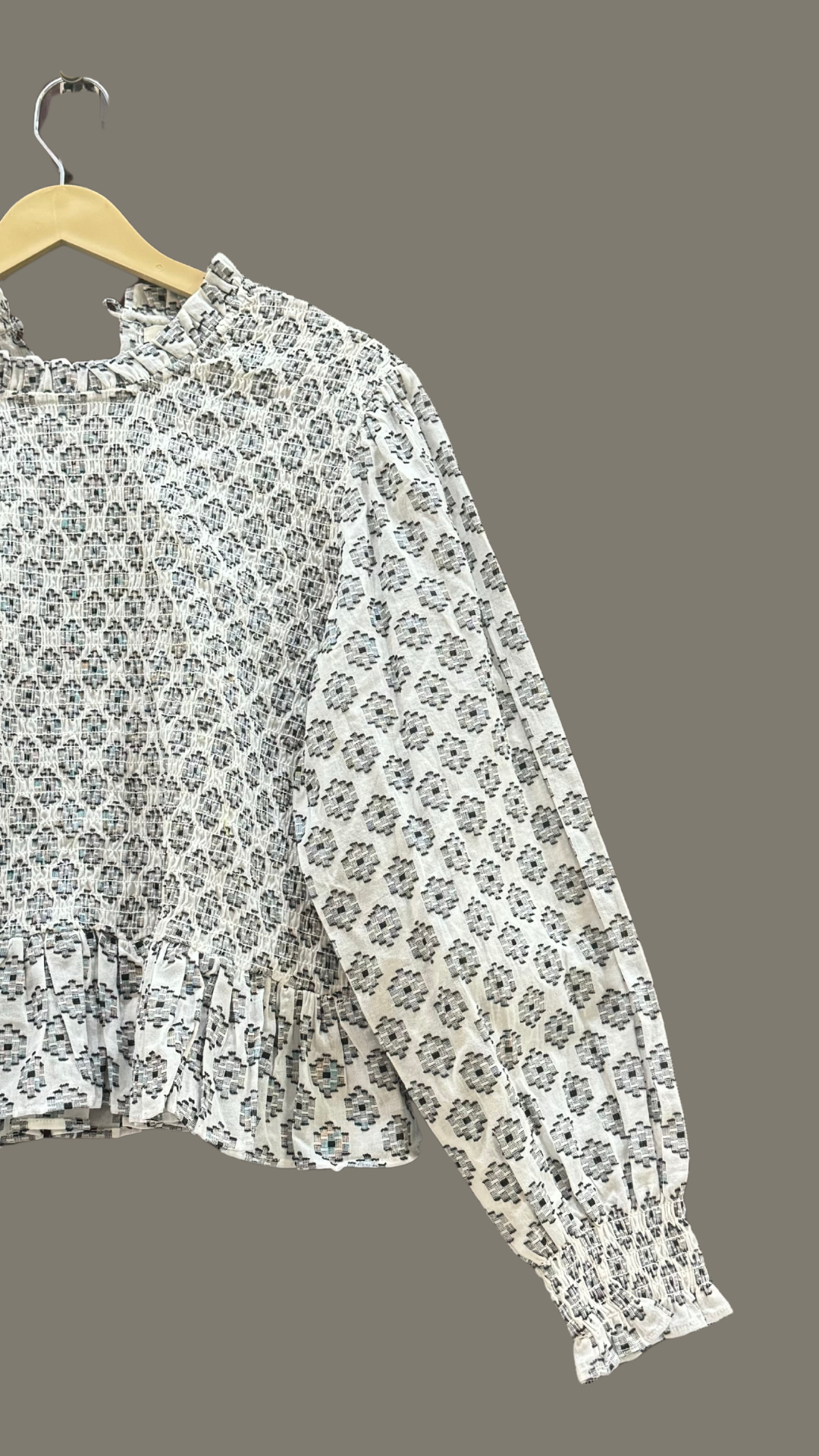 White Block Print Smocked Top