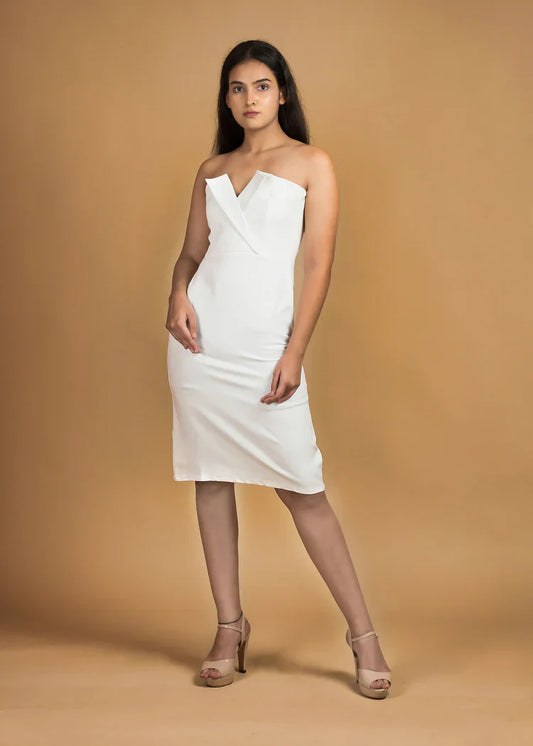 Elegant White Crepe Draped Bodycon dress