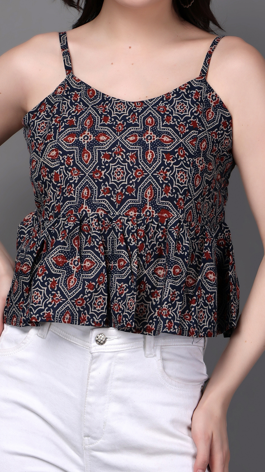 Multicolour Block Print Spaghetti Top