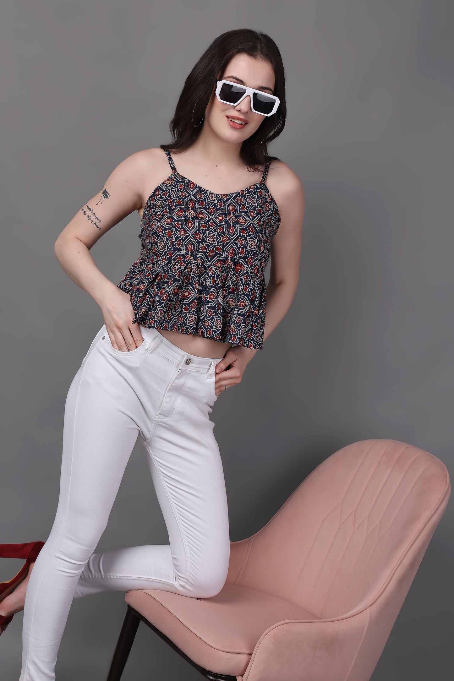 Multicolour Block Print Spaghetti Top