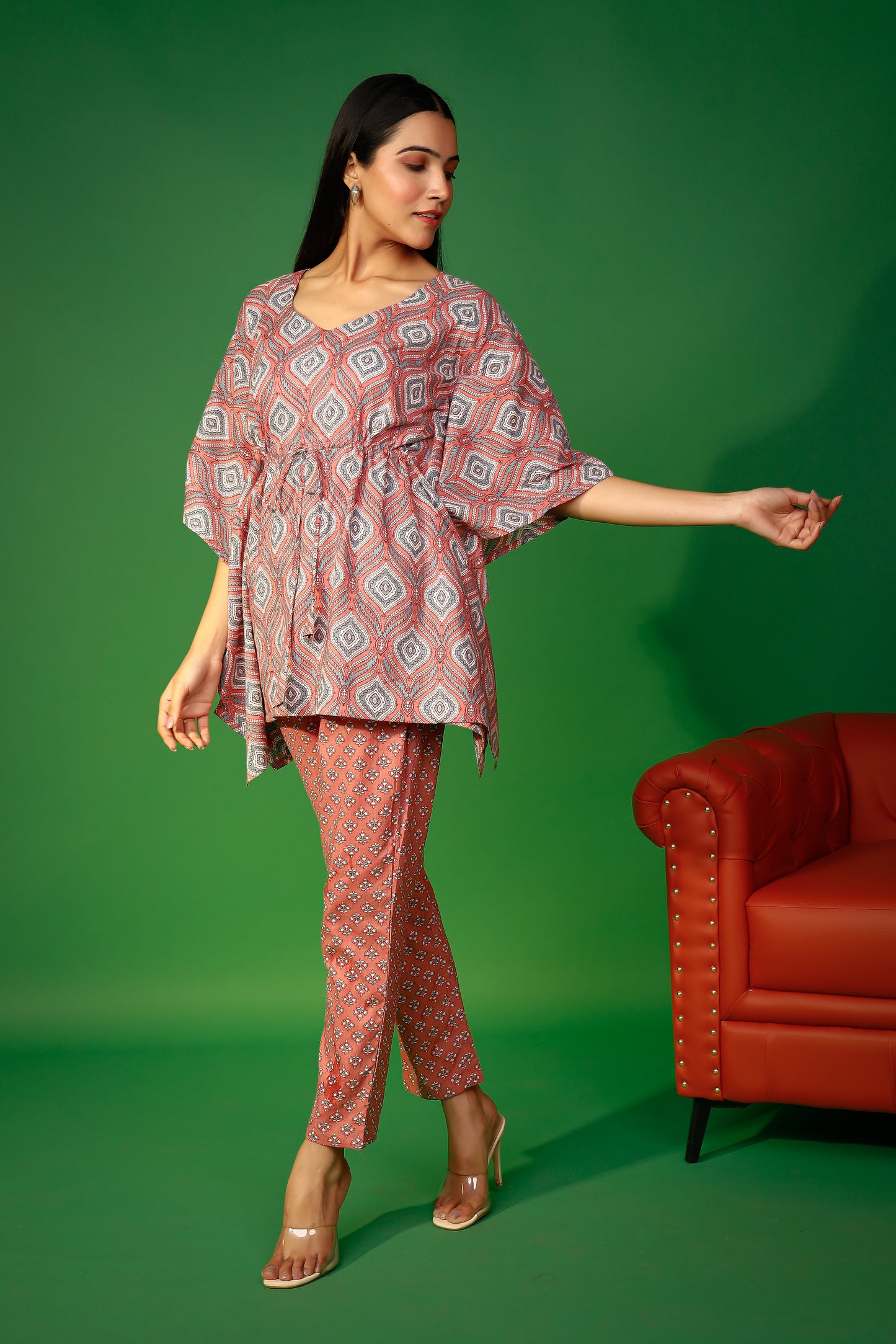 Brown Artisanal Ethereal Elegance Block Print Kaftaan Set