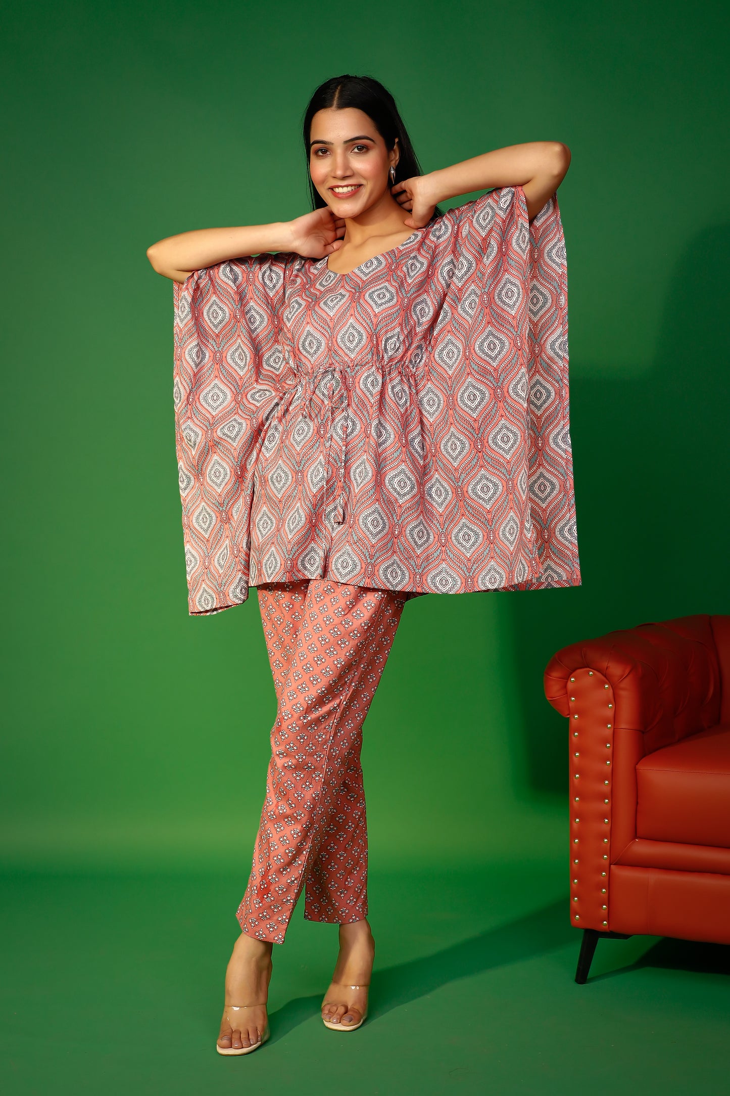 Brown Artisanal Ethereal Elegance Block Print Kaftaan Set
