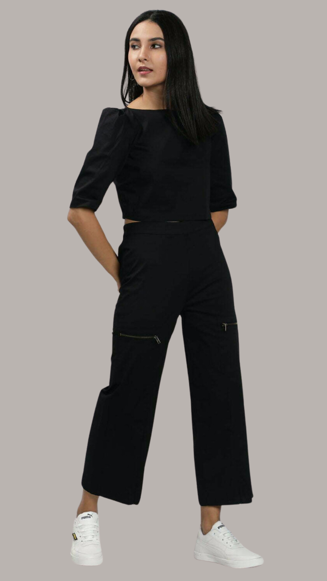Black Classy Top With Zipper Detail Poplin Pant Set