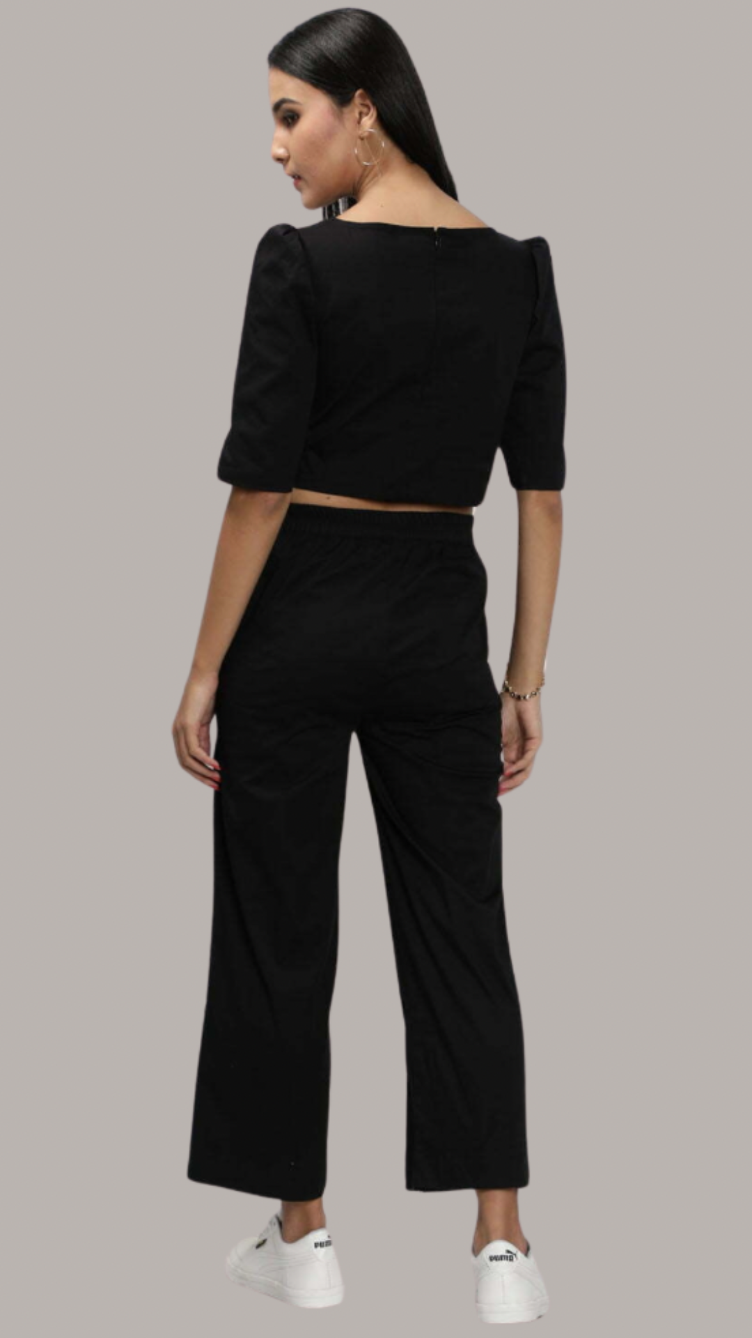 Black Classy Top With Zipper Detail Poplin Pant Set