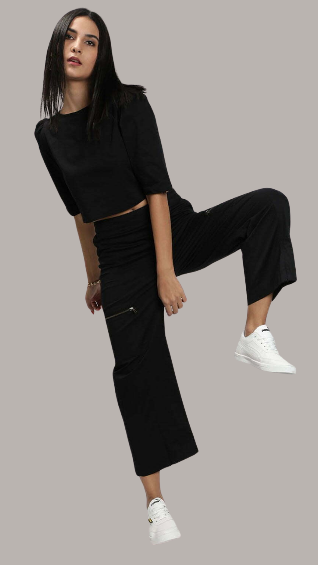 Black Classy Top With Zipper Detail Poplin Pant Set